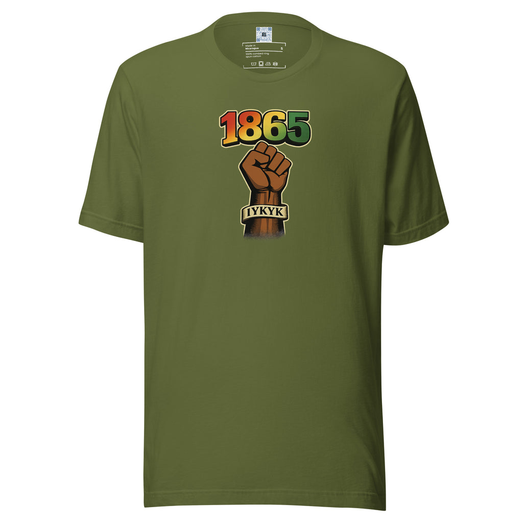 1865 IYKYK graphic t-shirt featuring a black power fist and Juneteenth-inspired design celebrating freedom, resilience, and cultural pride.