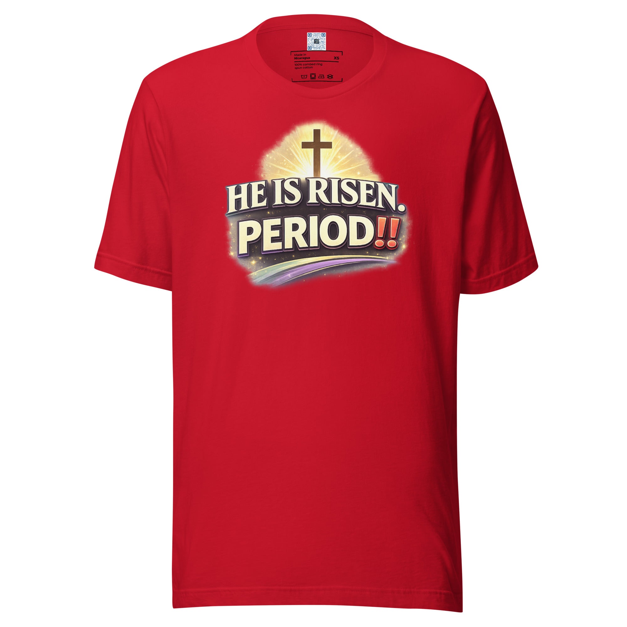 He Is Risen Period Easter t-shirt celebrating the resurrection and Easter Sunday faith message.
