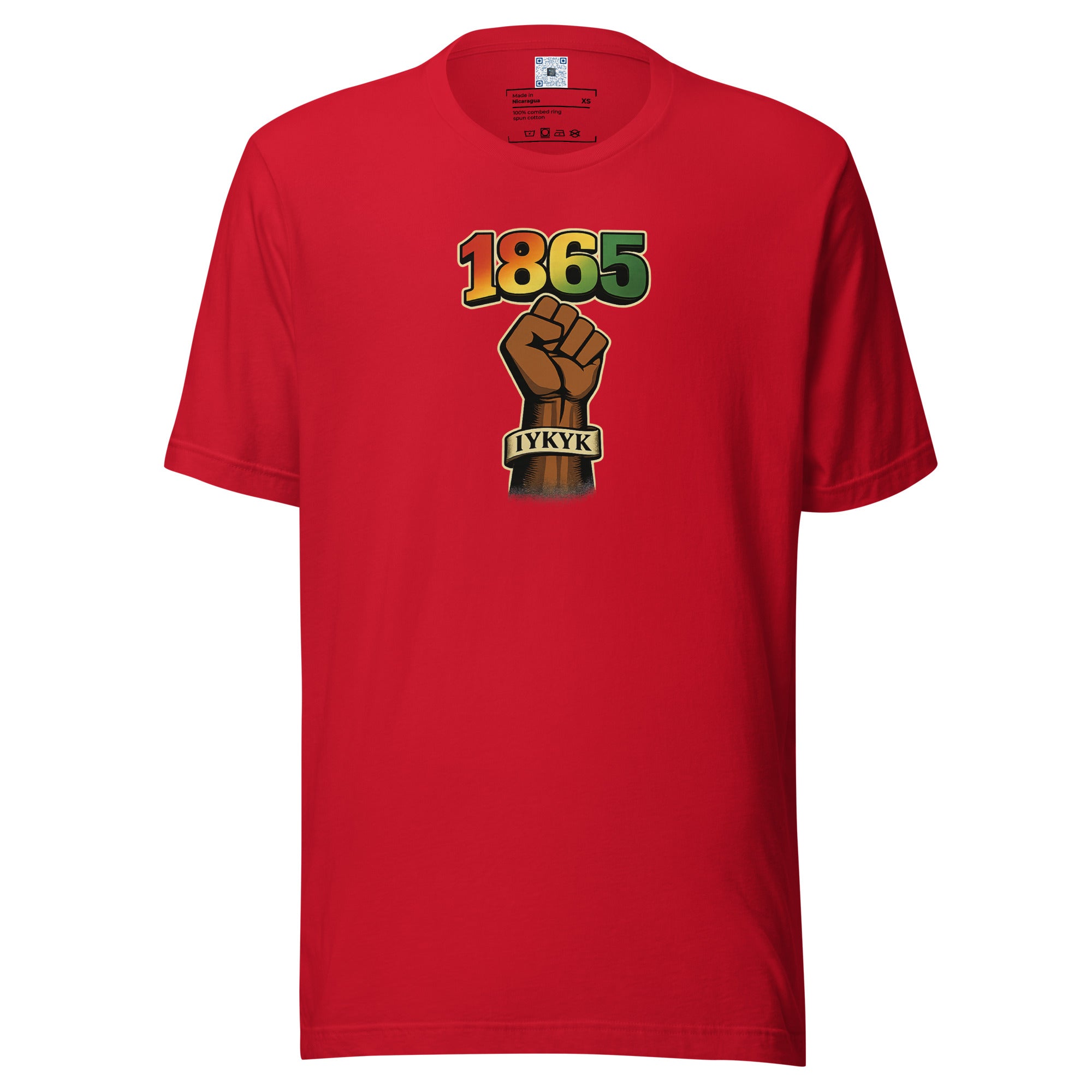 1865 IYKYK graphic t-shirt featuring a black power fist and Juneteenth-inspired design celebrating freedom, resilience, and cultural pride.