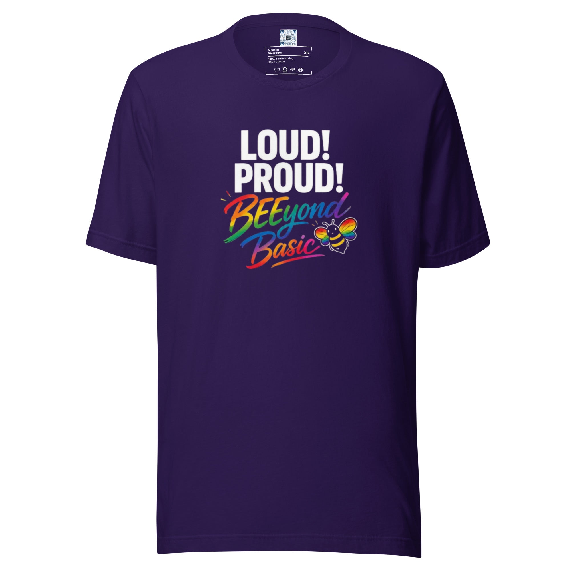 Loud! Proud! BEEyond Basic! Pride graphic t-shirt featuring colorful rainbow-inspired typography on a premium unisex tee.