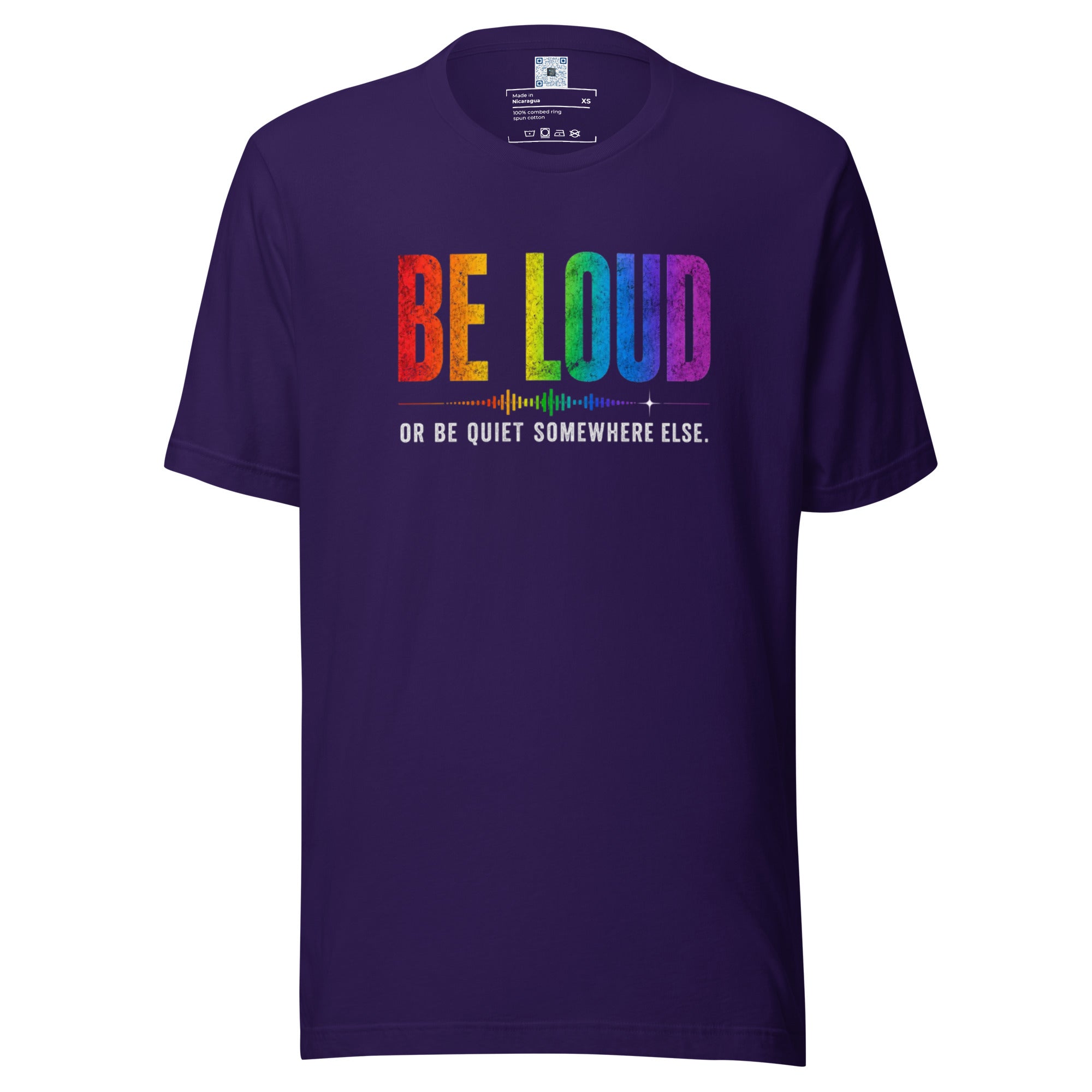Be Loud Or Be Quiet Somewhere Else Pride graphic t-shirt featuring bold rainbow-inspired typography celebrating confidence, authenticity, and self-expression.