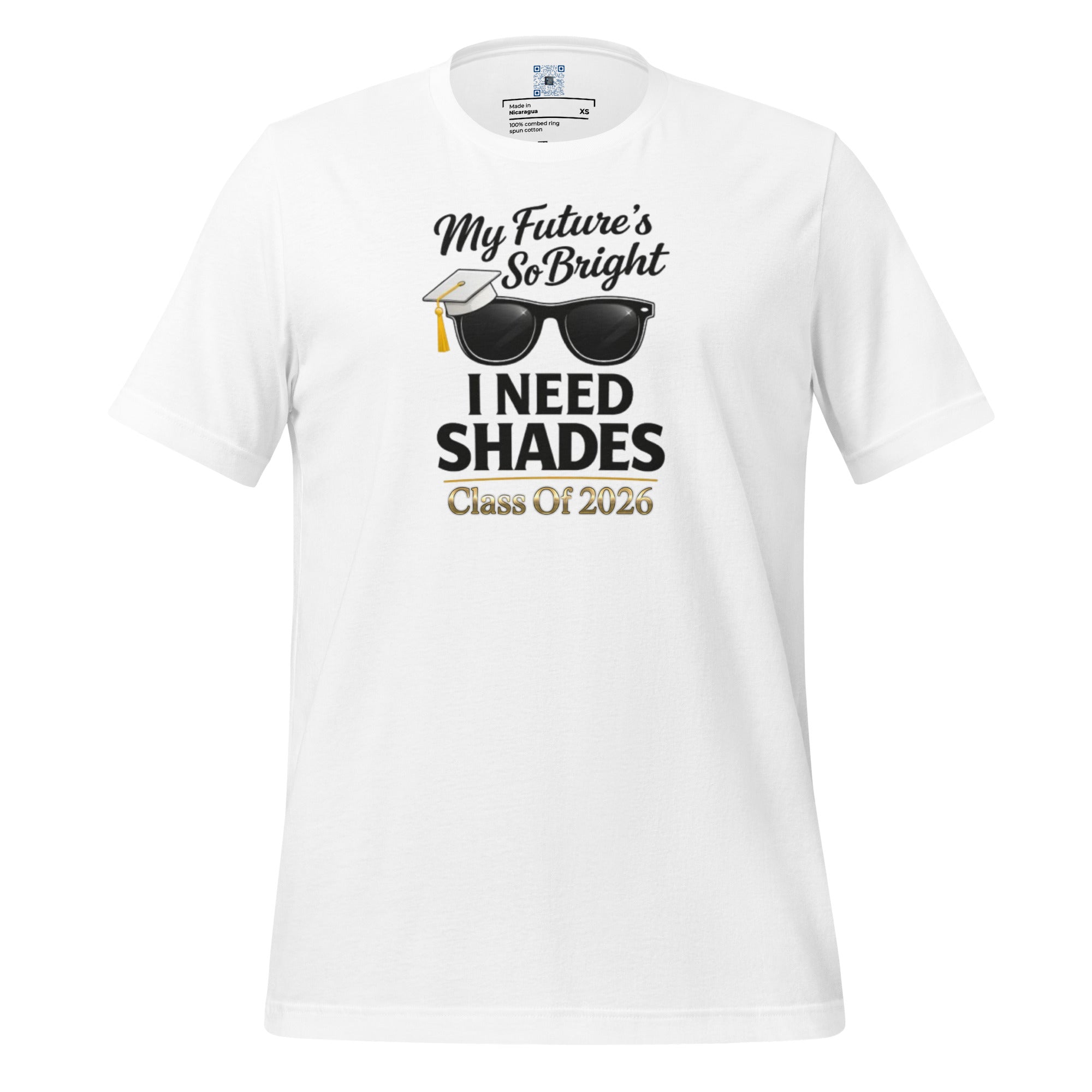 My Future’s So Bright I Need Shades t-shirt with bold text design, graduation shirt from Leveling Up collection.