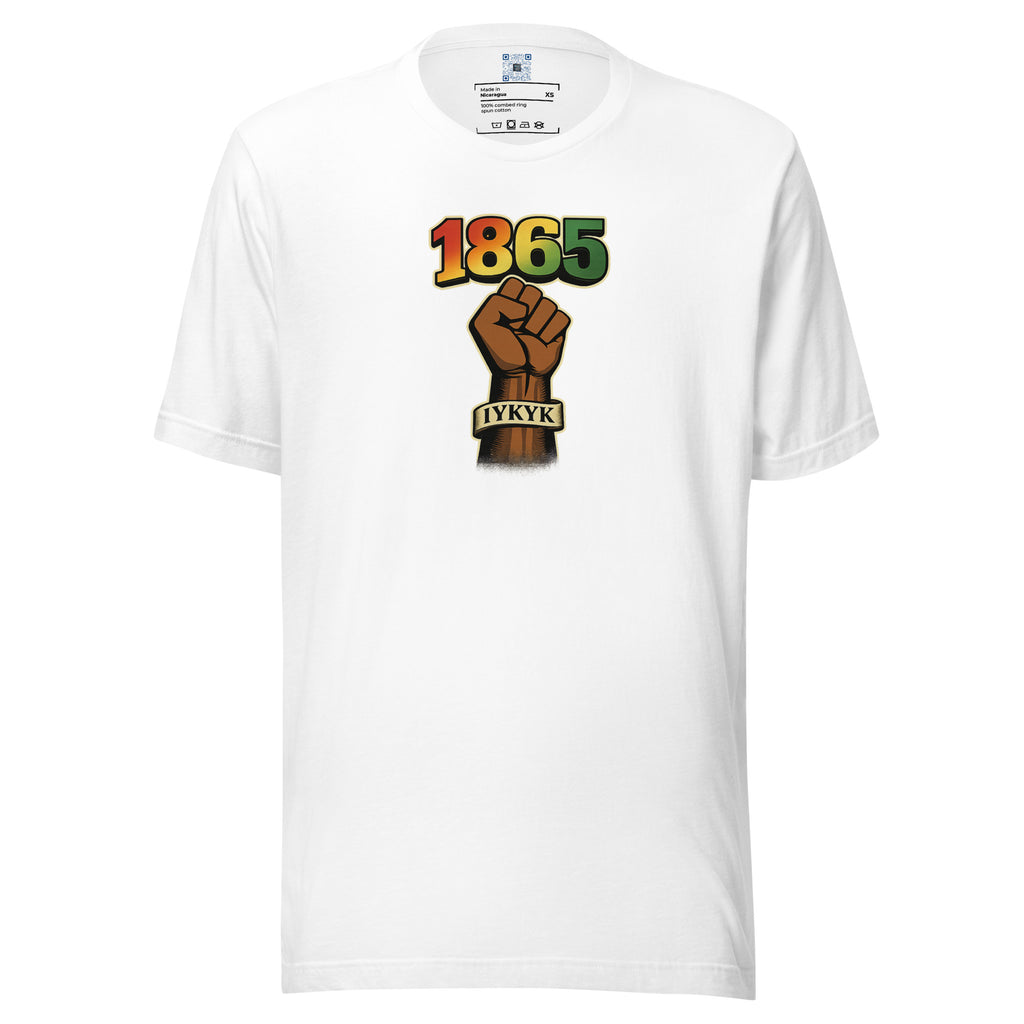 1865 IYKYK graphic t-shirt featuring a black power fist and Juneteenth-inspired design celebrating freedom, resilience, and cultural pride.
