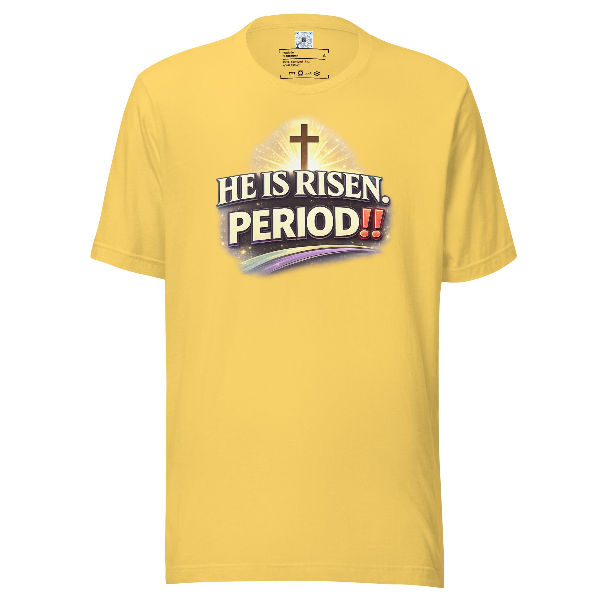 He Is Risen Period Easter t-shirt celebrating the resurrection and Easter Sunday faith message.