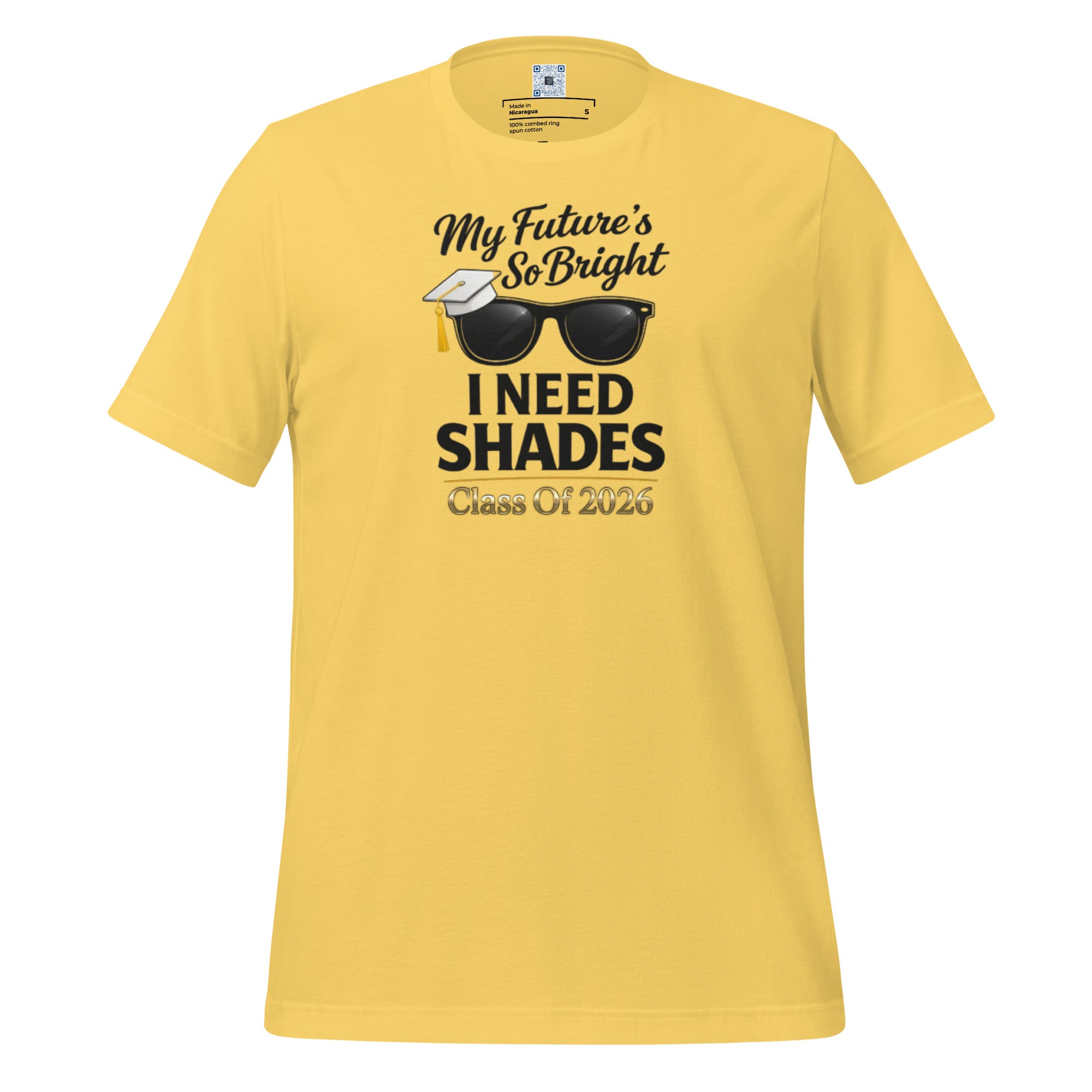 My Future’s So Bright I Need Shades t-shirt with bold text design, graduation shirt from Leveling Up collection.