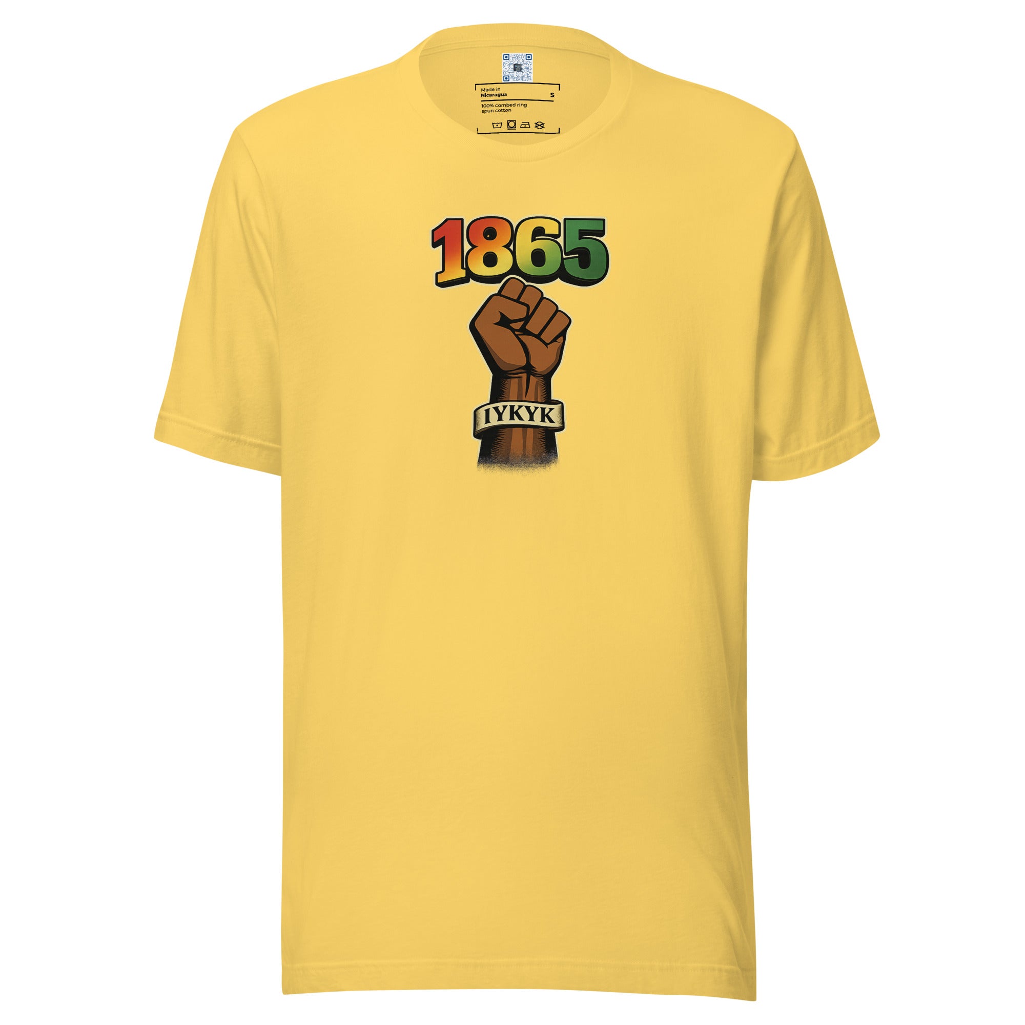 1865 IYKYK graphic t-shirt featuring a black power fist and Juneteenth-inspired design celebrating freedom, resilience, and cultural pride.
