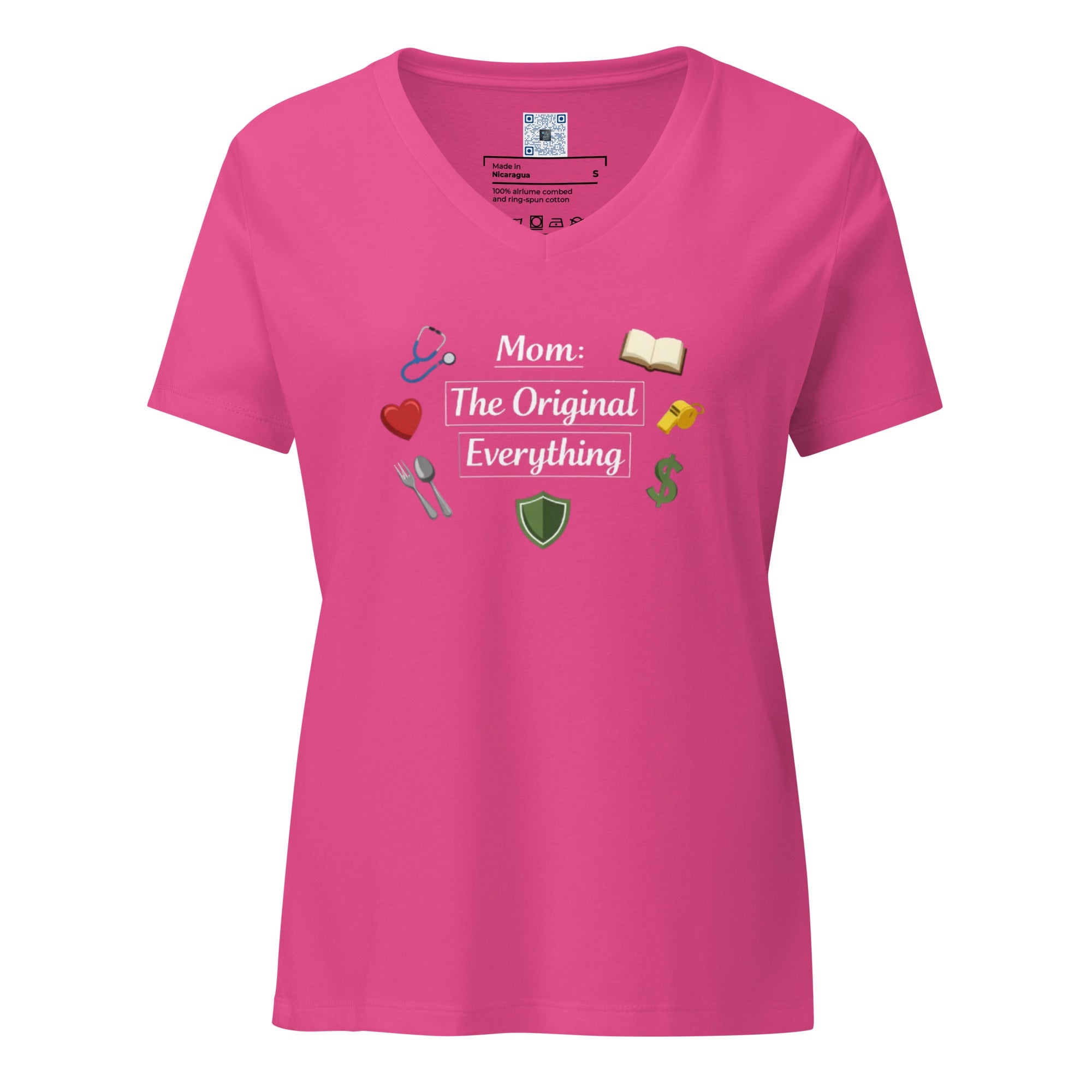 Mom The Original Everything women’s relaxed V-neck t-shirt with bold text design,  styles for Mother’s Day gift