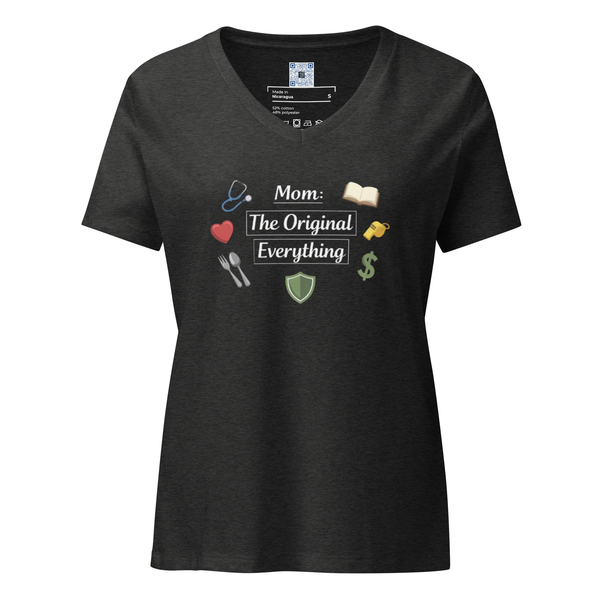 Mom The Original Everything women’s relaxed V-neck t-shirt with bold text design,  styles for Mother’s Day gift