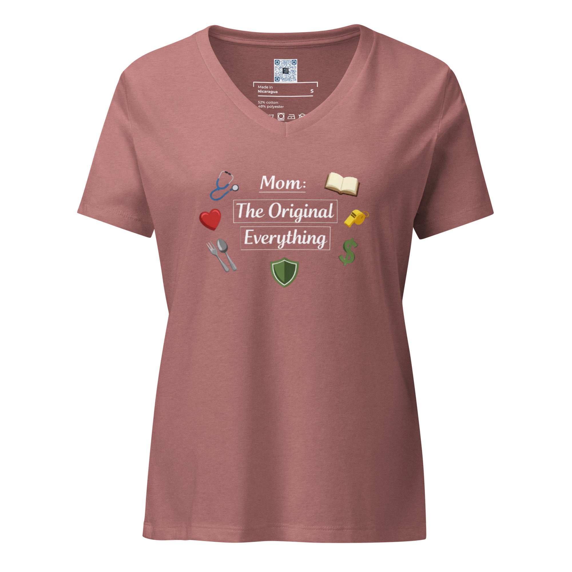 Mom The Original Everything women’s relaxed V-neck t-shirt with bold text design,  styles for Mother’s Day gift