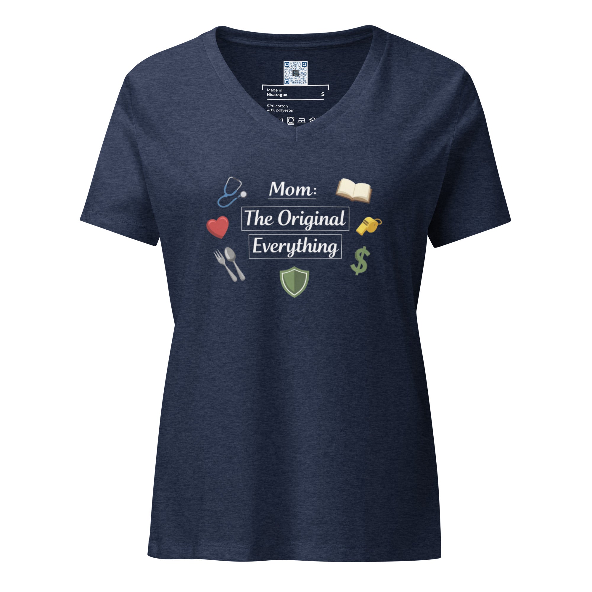 Mom The Original Everything women’s relaxed V-neck t-shirt with bold text design,  styles for Mother’s Day gift