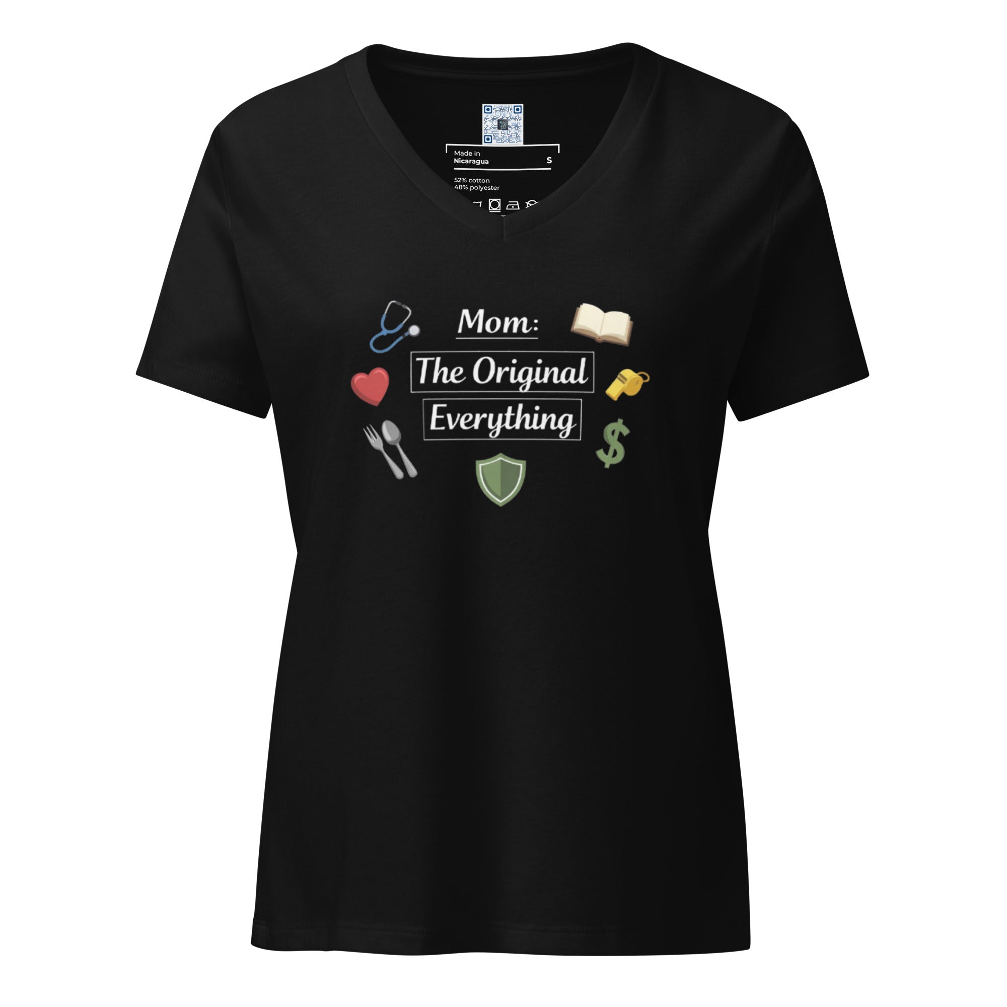 Mom The Original Everything women’s relaxed V-neck t-shirt with bold text design,  styles for Mother’s Day gift