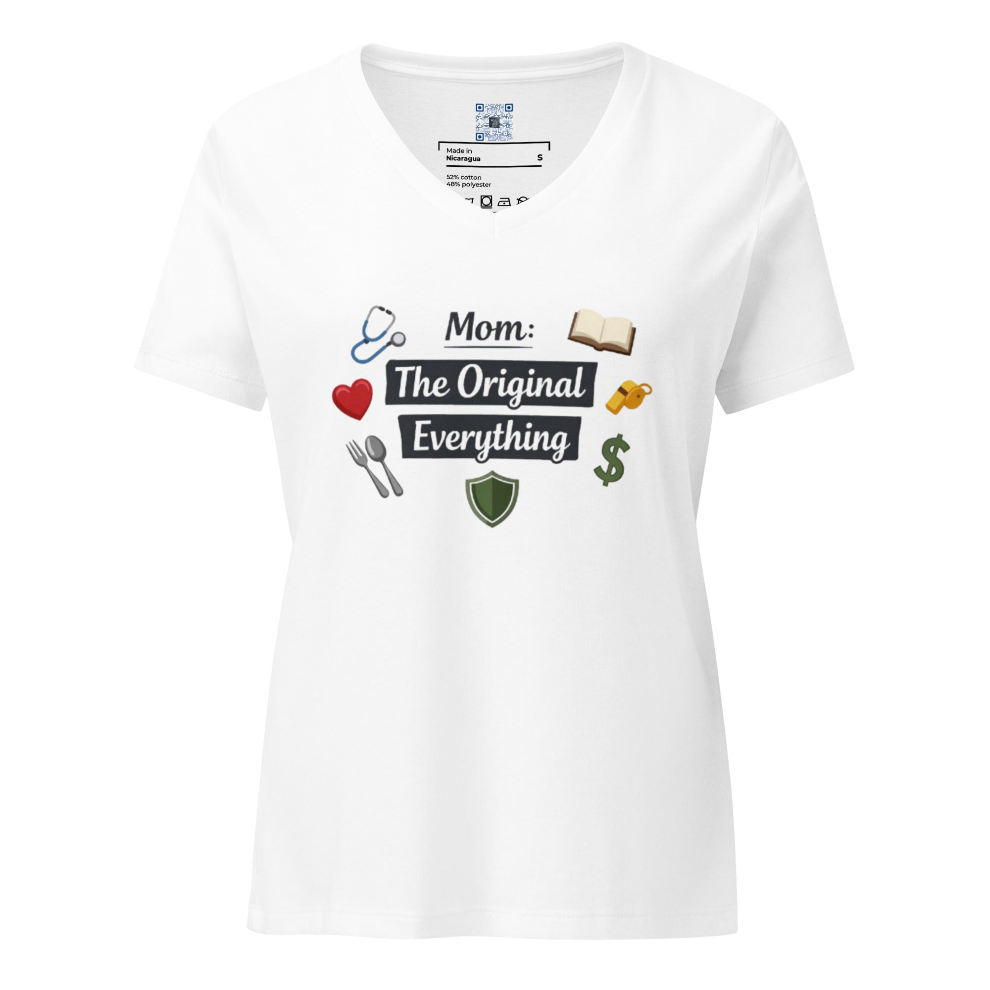 Mom The Original Everything women’s relaxed V-neck t-shirt with bold text design, styles for Mother’s Day gift