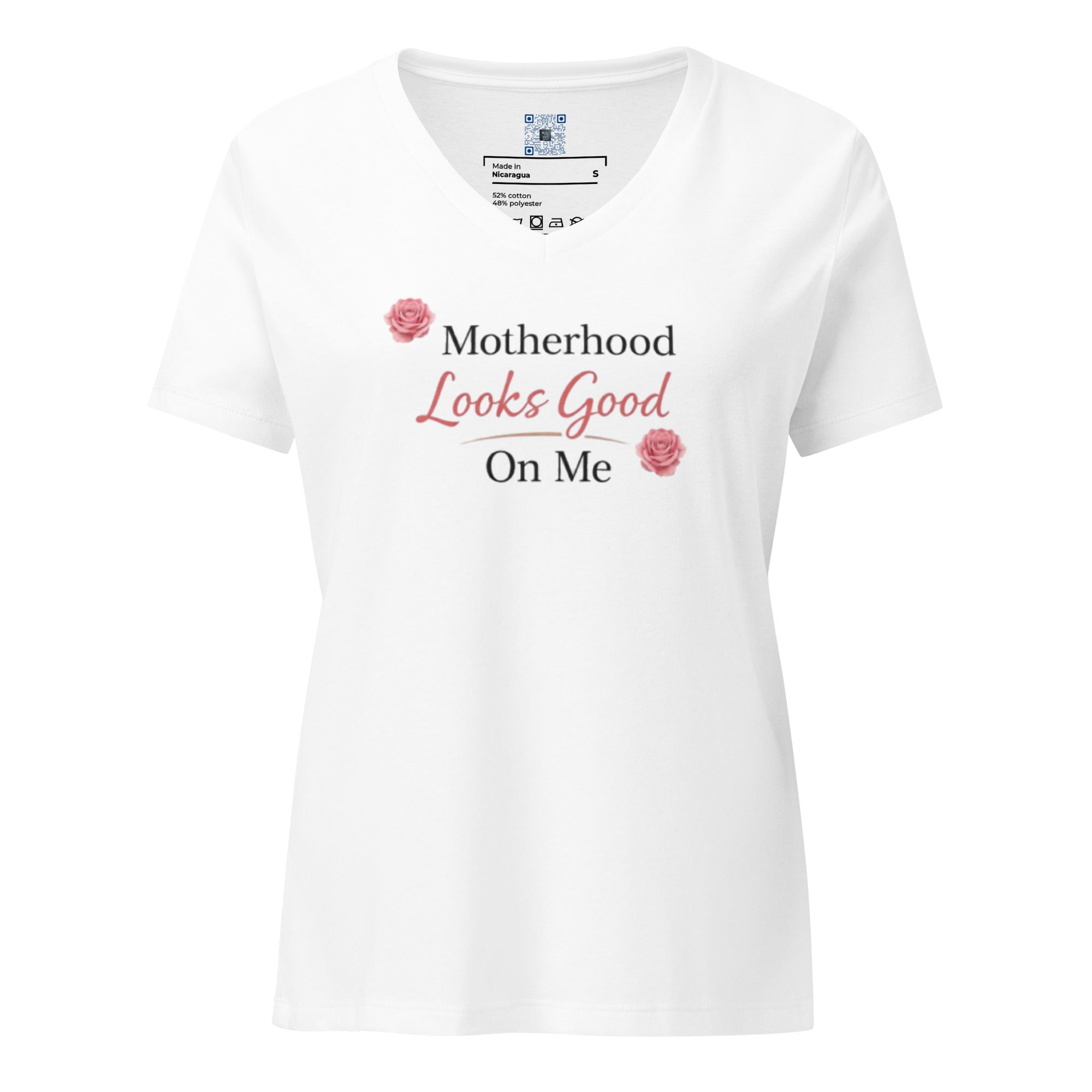 Motherhood Looks Good on Me women’s relaxed V-neck t-shirt with bold text design