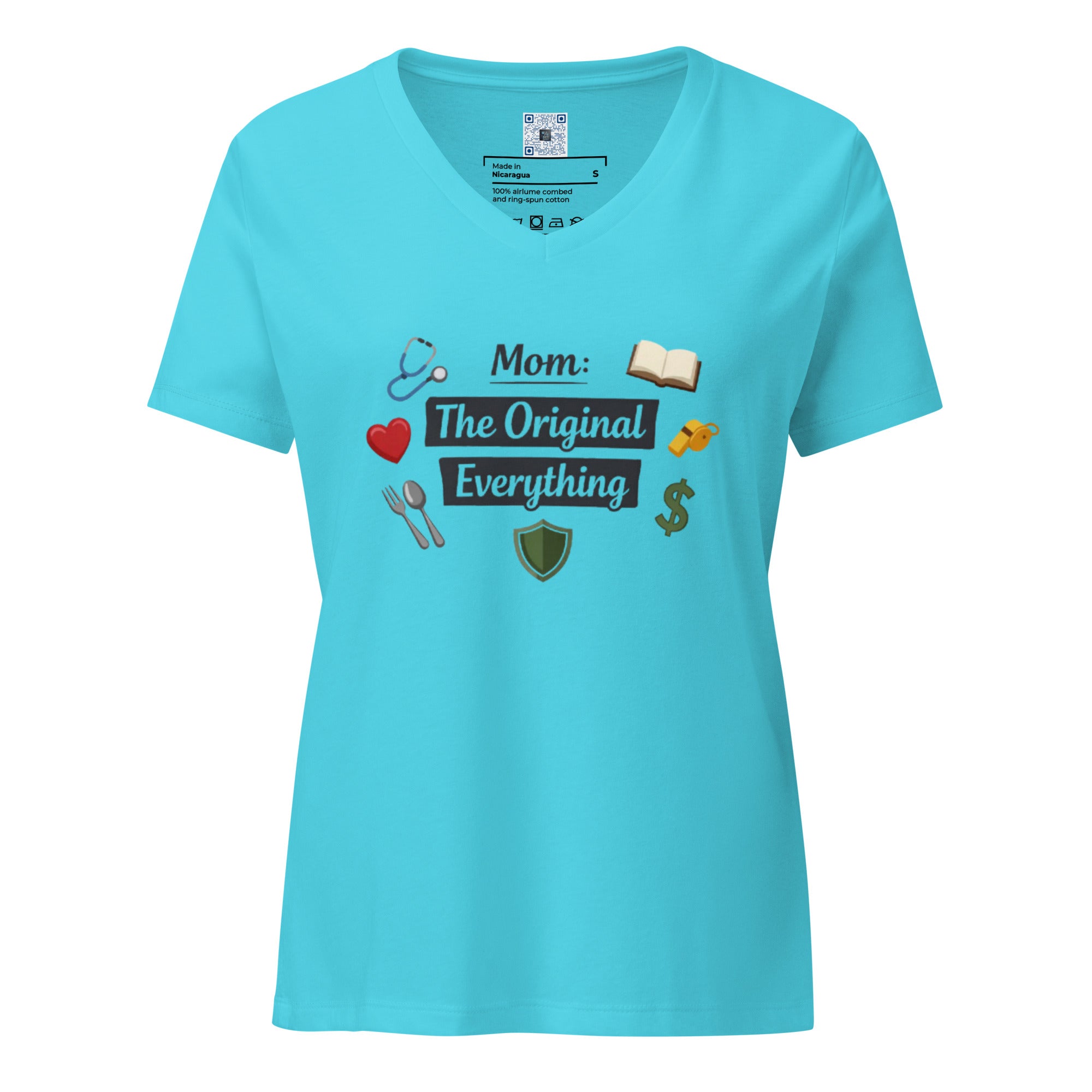 Mom The Original Everything women’s relaxed V-neck t-shirt with bold text design, styles for Mother’s Day gift